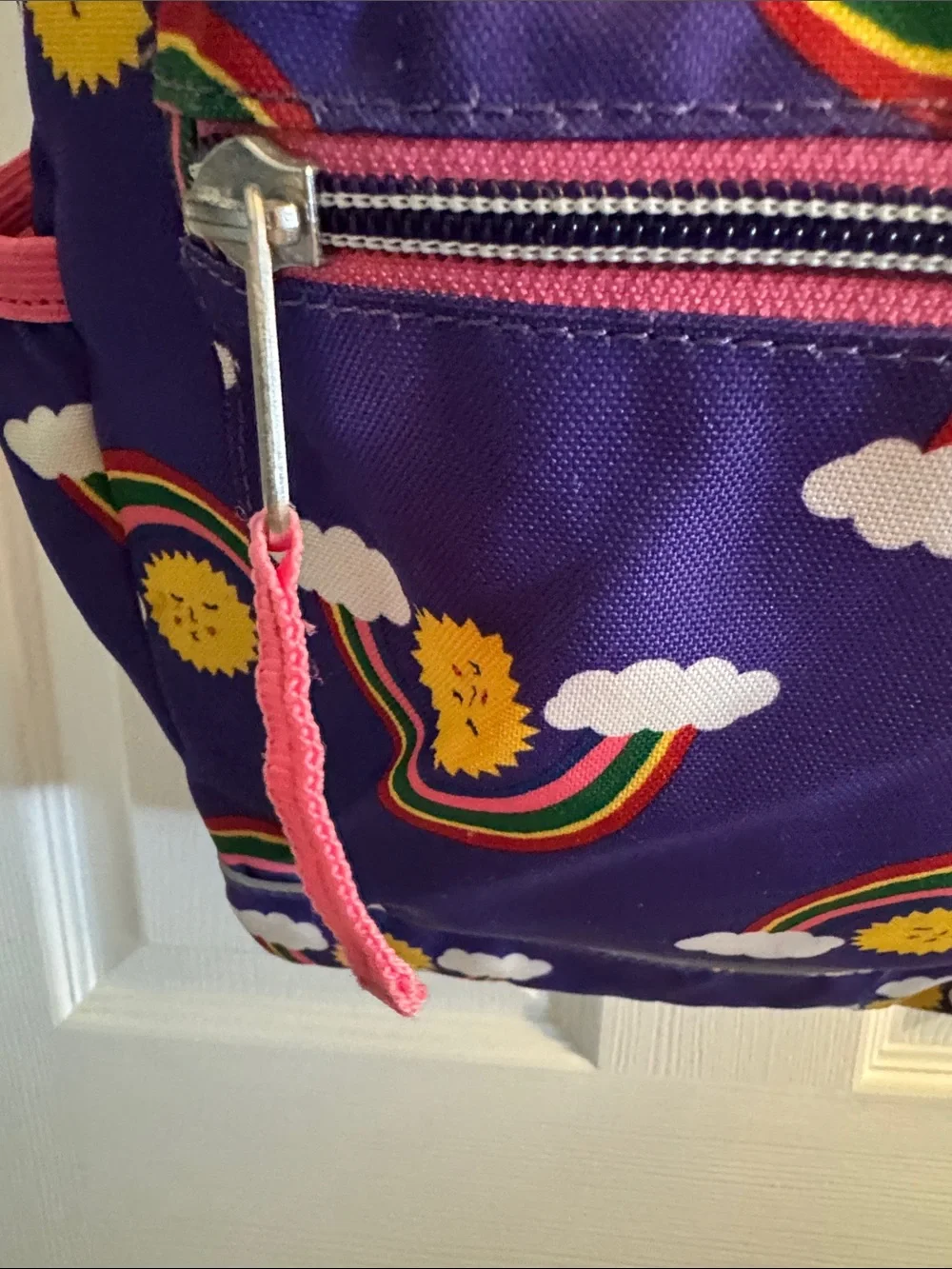 Hanna Andersson Purple Rainbow Sun Kids Backpack with Pink Straps